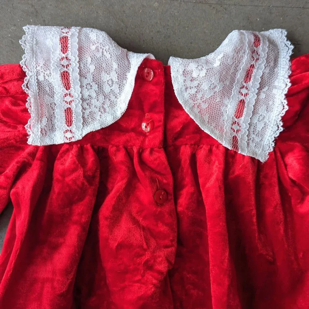 Vintage 80s Christmas One-Piece Romper Red Velour Lace Yoke Holiday size 6-9M